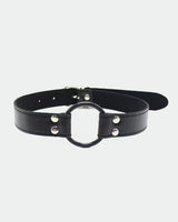 Black leather SM collar with a metal ring and adjustable buckle, perfect for intimate sessions.