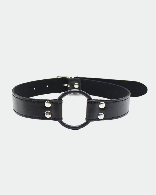 Black leather SM collar with a metal ring and adjustable buckle, perfect for intimate sessions.
