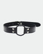 Black leather SM collar with a metal ring and adjustable buckle, perfect for intimate sessions.