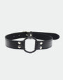 Black leather SM collar with a metal ring and adjustable buckle, perfect for intimate sessions.
