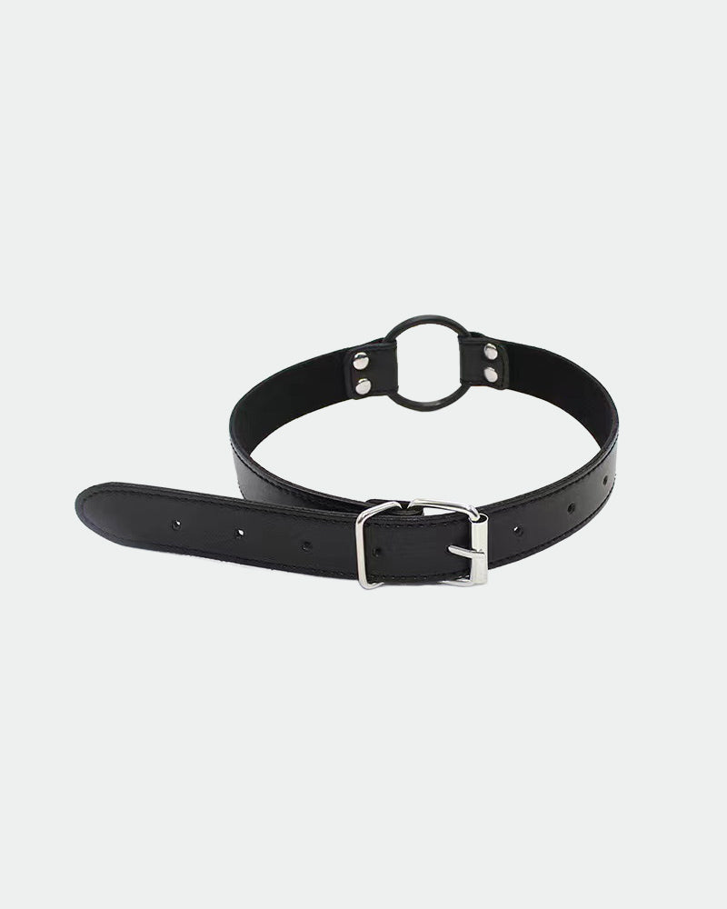 Black leather SM collar with metal ring and adjustable buckle, perfect for intimate sessions.