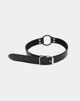 Black leather SM collar with metal ring and adjustable buckle, perfect for intimate sessions.