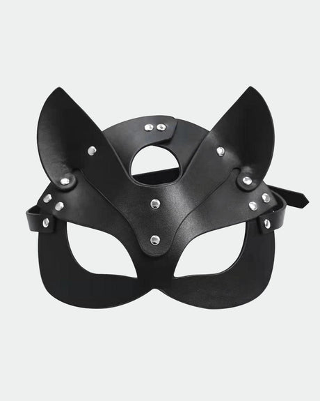 Black leather fox eye mask with stud rhinestone embellishments for intimate sessions