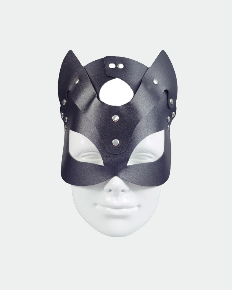 Studded black leather fox eye mask, perfect for intimate sessions and sensual exploration.