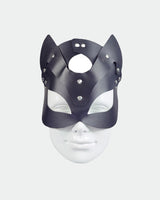 Studded black leather fox eye mask, perfect for intimate sessions and sensual exploration.