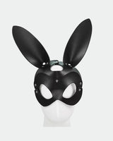Black leather bunny mask with long ears and stud embellishments for intimate sessions