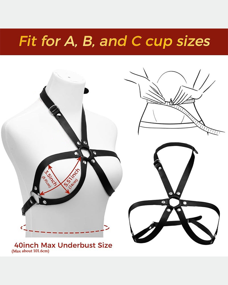 Leather bondage harness for intimate sessions, adjustable fit, fits A, B, C cup sizes.
