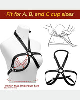 Leather bondage harness for intimate sessions, adjustable fit, fits A, B, C cup sizes.