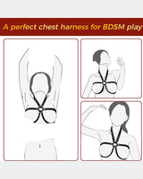Black chest harness for BDSM play, adjustable straps and rings, perfect for intimate sessions
