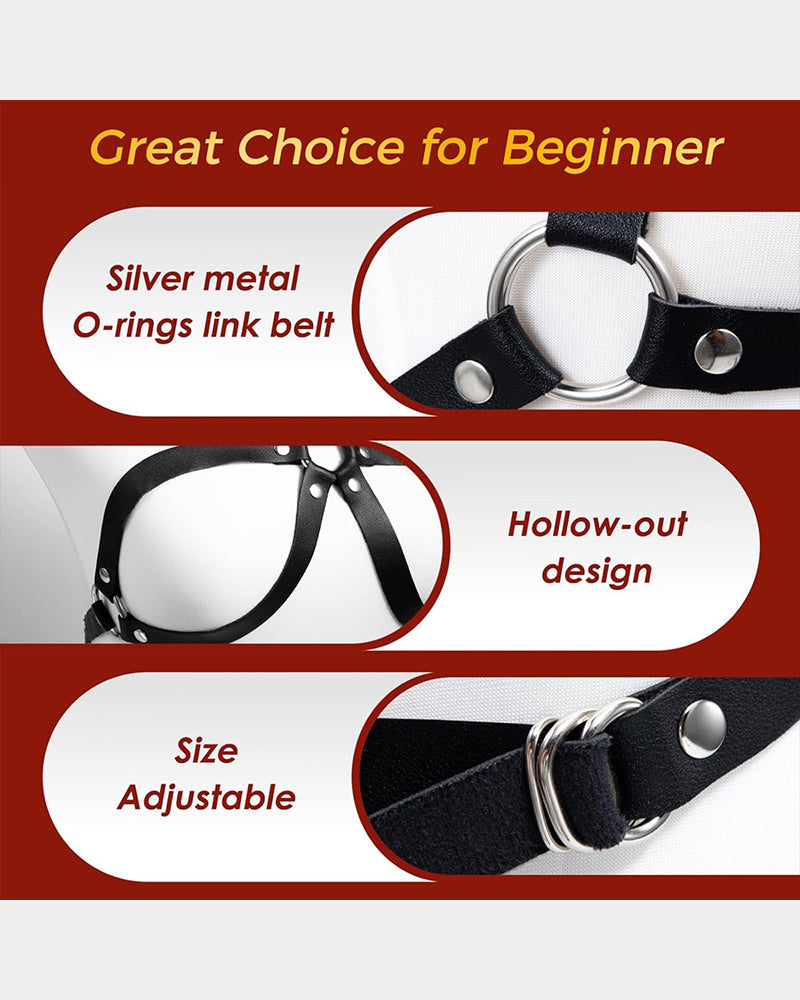 Black leather bondage belt with silver O-rings, adjustable, hollow-out design, great for beginners.