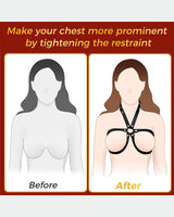 Black leather chest harness, enhancing chest appearance, adjustable design for intimate sessions.