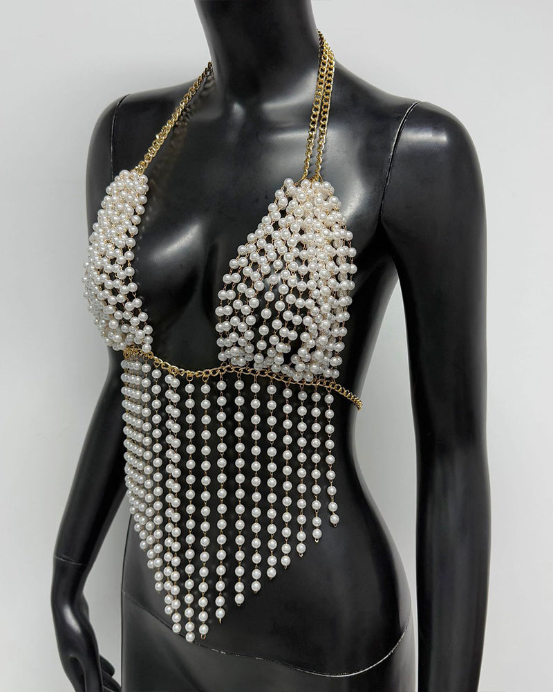 Chain White Pearl Suspender Silver Chain Top