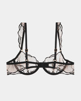 Black ruffle shoulder strap bra with lace detailing, adjustable straps, and underwire for B/C cups.