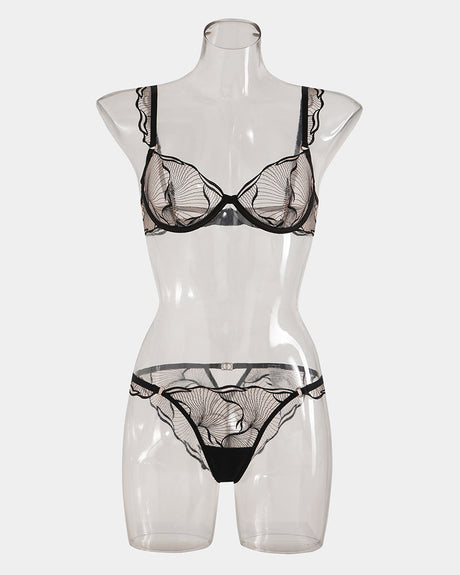 Black lace ruffle strap bra and panty set, underwire support, comfortable fit, for B and C cups.