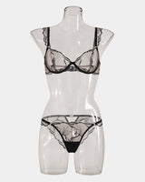 Black lace ruffle strap bra and panty set, underwire support, comfortable fit, for B and C cups.