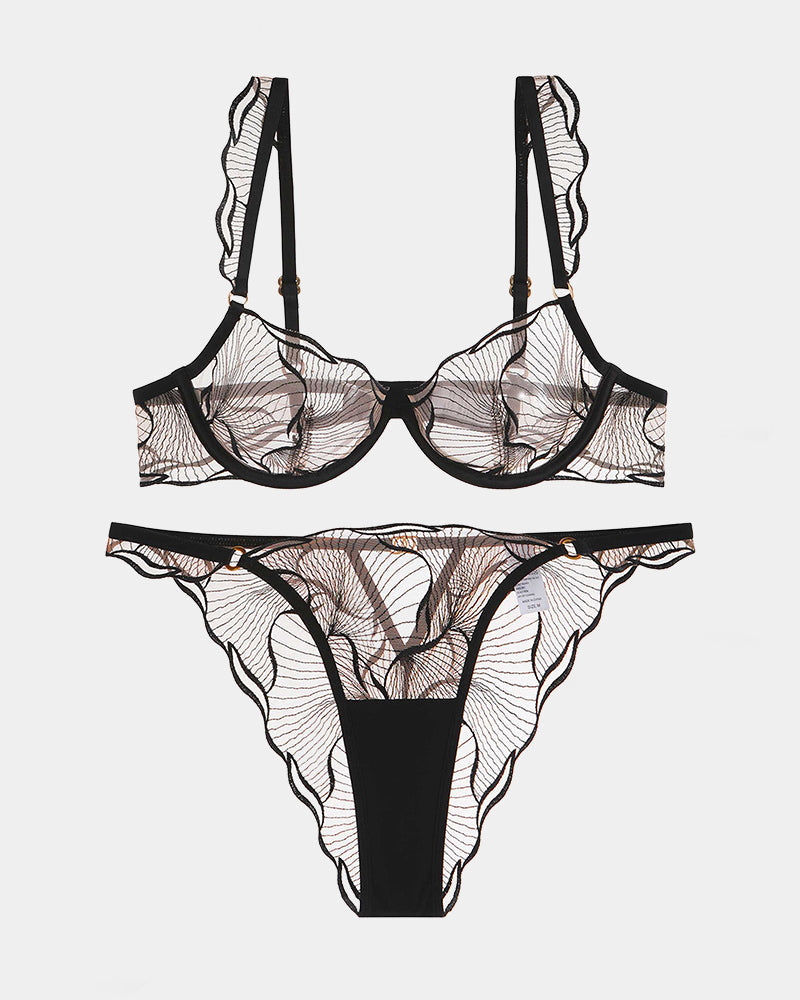 Black Ruffle Strap Bra and Panty Set, see-through lace lingerie, Avidlove