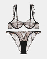 Black Ruffle Strap Bra and Panty Set, see-through lace lingerie, Avidlove