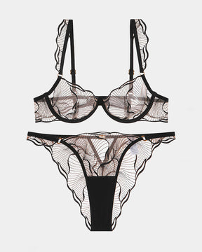 Black Ruffle Strap Bra and Panty Set, see-through lace lingerie, Avidlove