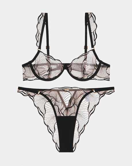 Black Ruffle Strap Bra and Panty Set, see-through lace lingerie, Avidlove