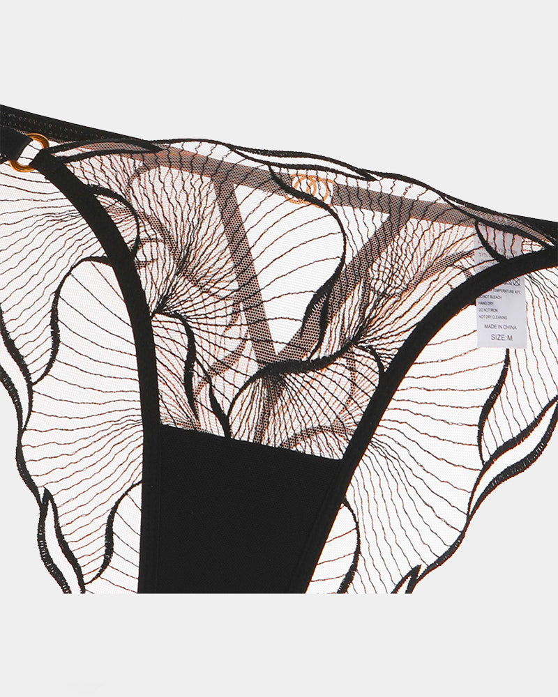 Black lace panty detail from Avidlove Ruffle Strap Set, featuring floral lace and adjustable straps.