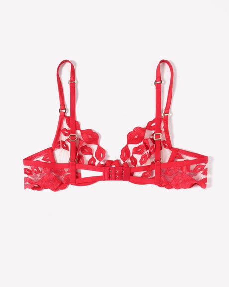Red Kiss Print Embroidery Bra with adjustable straps and underwire support, sexy lingerie