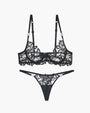 Black embroidered lace bra and thong set with adjustable straps. Sweet and seductive lingerie.