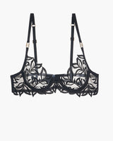 Black embroidered lace bra with floral design, adjustable straps, and underwire