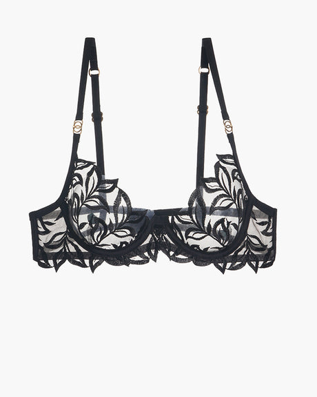 Black embroidered lace bra with floral design, adjustable straps, and underwire