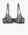 Black embroidered lace bra with floral design, adjustable straps, and underwire