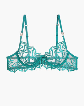 Embroidered lace bra in teal with floral design, adjustable straps, and underwire.
