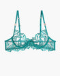 Embroidered lace bra in teal with floral design, adjustable straps, and underwire.