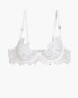 White embroidered lace bra with adjustable straps and underwire, featuring a delicate floral design.