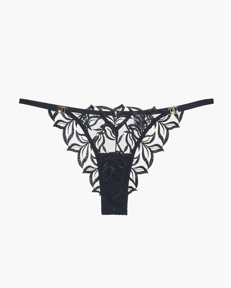 Black embroidered lace thong panty with floral design, sweet and seductive lingerie