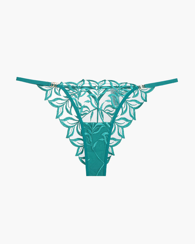 Teal embroidered lace thong panty with floral embroidery, soft and breathable, sweet yet seductive.