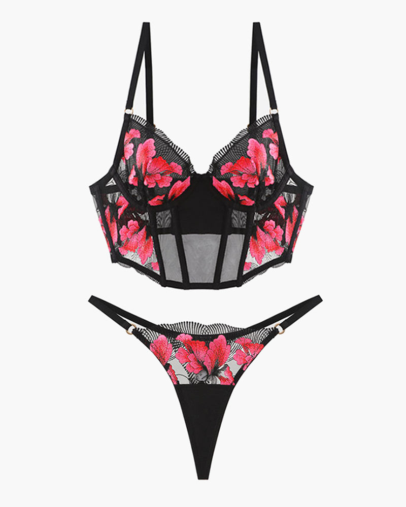 Embroidered black corset bra and thong set with pink floral details, sweet and seductive lingerie