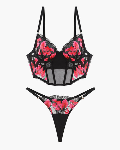 Embroidered black corset bra and thong set with pink floral details, sweet and seductive lingerie