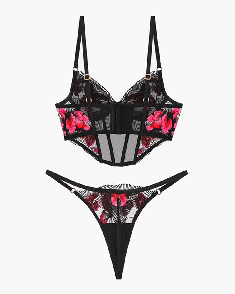 Black embroidered corset bra and thong set with pink floral details, sweet and seductive lingerie