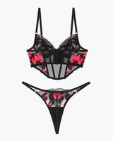 Black embroidered corset bra and thong set with pink floral details, sweet and seductive lingerie