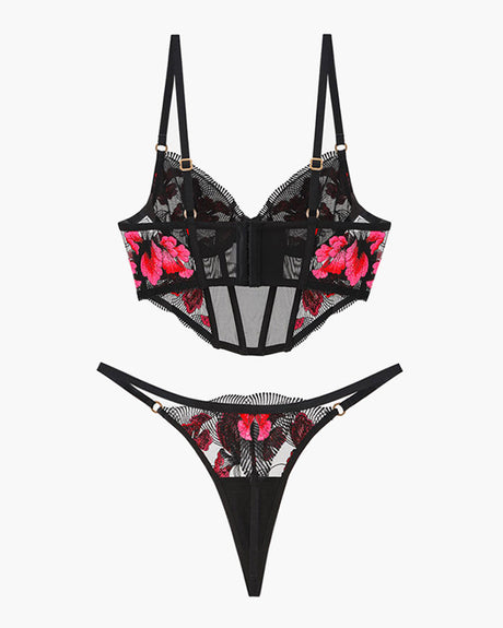 Black embroidered corset bra and thong set with pink floral details, sweet and seductive lingerie