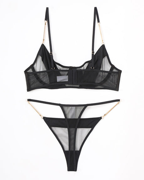 Black Push Up Bra and Thong Set with Chain Straps and Delicate Lace Details