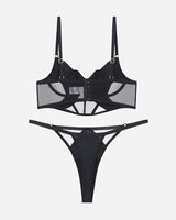 Black mesh bra and thong set with adjustable straps and lace details.