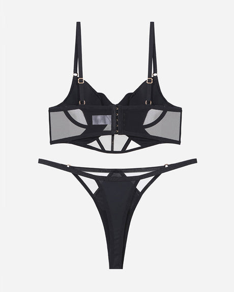 Black mesh bra and thong set with adjustable straps and lace details.