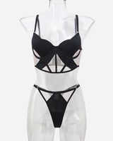 Black mesh hollow bra and thong set with adjustable straps and delicate lace details.