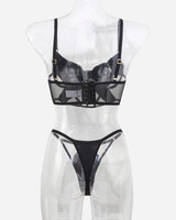 Black mesh bra and thong set with adjustable straps and lace details. Sweet and seductive lingerie.