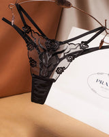 Black Rose Embroidery Thong Mesh Panties with floral embroidery and sheer mesh