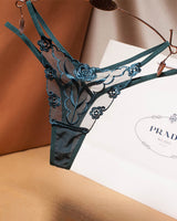 Green Rose Embroidery Thong Mesh Panties, sheer mesh with floral embroidery, feminine design.