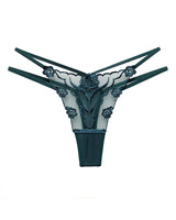 Green Rose Embroidery Thong Mesh Panties with floral embroidery and sheer mesh.