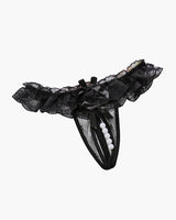 Black beaded lace crotchless panty with faux pearls and bows, low rise lingerie