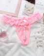 Pink lace crotchless panty with faux pearls, low rise design, and delicate lace trim.