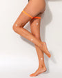 Orange rhinestone fishnet knee high stockings, sheer, lace trim, perfect for a sexy look.